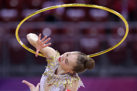 Sofia, Bulgaria - 27 March, 2021: Anastasiia Salos of Belarus performs during the individual Hoop final at the 2021 Rhythmic Gymnastics "Sofia World Cup".のeditorial素材