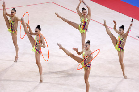 Sofia, Bulgaria - 27 March, 2021: Team Germany perform during the 3 Hoops + 2 pairs of Clubs group qualifications at the 2021 Rhythmic Gymnastics "Sofia World Cup".のeditorial素材