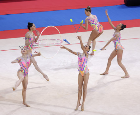 Sofia, Bulgaria - 27 March, 2021: Team Spain perform during the 3 Hoops + 2 pairs of Clubs group qualifications at the 2021 Rhythmic Gymnastics "Sofia World Cup".のeditorial素材