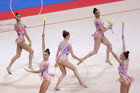 Sofia, Bulgaria - 27 March, 2021: Team Spain perform during the 3 Hoops + 2 pairs of Clubs group qualifications at the 2021 Rhythmic Gymnastics "Sofia World Cup".のeditorial素材