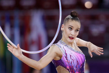 Sofia, Bulgaria - 27 March, 2021: Sabina Tashkenbaeva of Uzbekistan performs during the individual Hoop final at the 2021 Rhythmic Gymnastics "Sofia World Cup".のeditorial素材