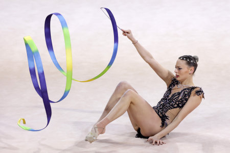 Sofia, Bulgaria - 27 March, 2021:Nicol Rupreht of Austria performs during the individual Ribbon qualifications at the 2021 Rhythmic Gymnastics "Sofia World Cup".のeditorial素材