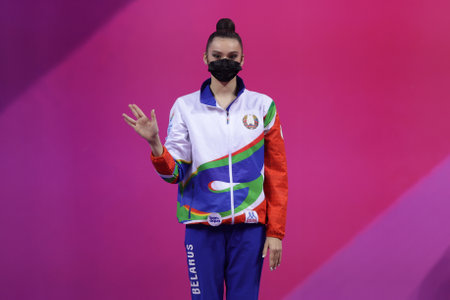 Sofia, Bulgaria - 27 March, 2021: Alina Harnasko of Belarus attends on the podium at Individual Award Ceremony for All-Around at the 2021 Rhythmic Gymnastics "Sofia World Cup".のeditorial素材