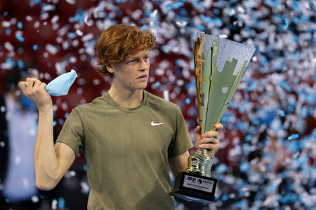 Sofia, Bulgaria - 14 November, 2020: Italy's Jannik Sinner holds the winner's trophy after winning his final match against Canada's Vasek Pospisil during the Sofia Open ATP 250 tennis tournament.のeditorial素材