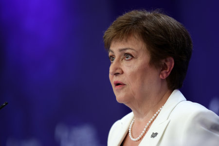 Sofia, Bulgaria - 8 July, 2021: Managing Director of the International Monetary Fund (IMF) Kristalina Georgieva speaks to the media at a press conference during the sixth Three Seas Summit and Business Forum.のeditorial素材