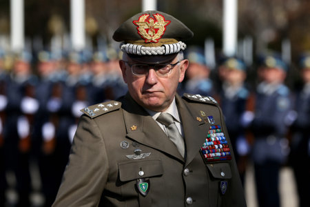Sofia, Bulgaria: 22 April, 2021: Chairman of the European Union Military Committee General Claudio Graziano marches in front of Bulgarian soldiers during his official welcoming ceremony.のeditorial素材