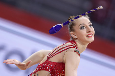 Sofia, Bulgaria - 27 March, 2021: Boryana Kaleyn of Bulgaria performs during the individual Clubs final at the 2021 Rhythmic Gymnastics "Sofia World Cup".のeditorial素材