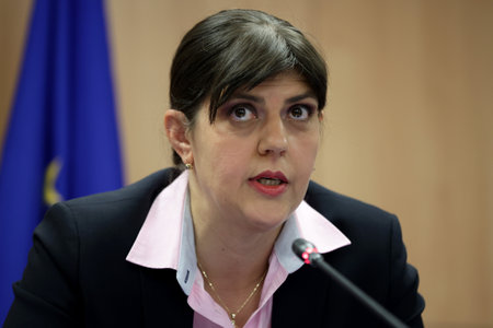 Sofia, Bulgaria: 11 June, 2021: European Union's Chief Prosecutor Laura Kovesi speaks to the media during a press conference.のeditorial素材