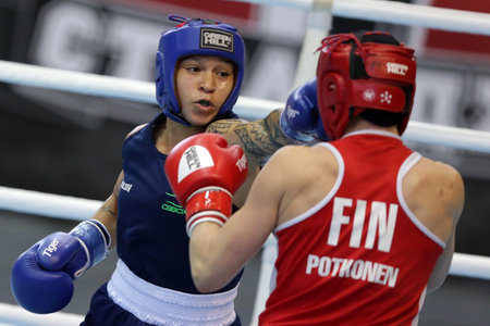 Sofia, Bulgaria. 27th February, 2021. Mira Potkonen (red) of Finland and 
Beatriz Ferreira of Brazil fight in their final round of Light Welter (W60kg) category of the 72-nd International Boxing Tournament "Strandja" 2021.のeditorial素材