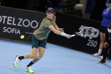Sofia, Bulgaria - 14 November, 2020: Italy's Jannik Sinner in action during his final match against Canada's Vasek Pospisil during the Sofia Open ATP 250 tennis tournament.のeditorial素材