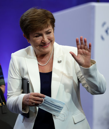 Sofia, Bulgaria - 8 July, 2021: Managing Director of the International Monetary Fund (IMF) Kristalina Georgieva speaks to the media at a press conference during the sixth Three Seas Summit and Business Forum.のeditorial素材