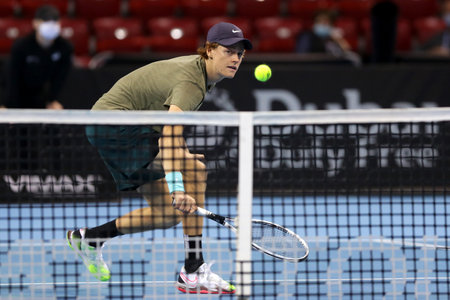 Sofia, Bulgaria - 14 November, 2020: Italy's Jannik Sinner in action during his final match against Canada's Vasek Pospisil during the Sofia Open ATP 250 tennis tournament.のeditorial素材