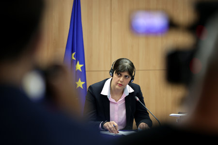 Sofia, Bulgaria: 11 June, 2021: European Union's Chief Prosecutor Laura Kovesi speaks to the media during a press conference.のeditorial素材