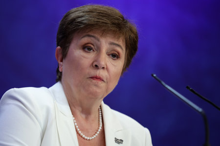 Sofia, Bulgaria - 8 July, 2021: Managing Director of the International Monetary Fund (IMF) Kristalina Georgieva speaks to the media at a press conference during the sixth Three Seas Summit and Business Forum.のeditorial素材
