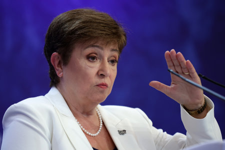 Sofia, Bulgaria - 8 July, 2021: Managing Director of the International Monetary Fund (IMF) Kristalina Georgieva speaks to the media at a press conference during the sixth Three Seas Summit and Business Forum.のeditorial素材