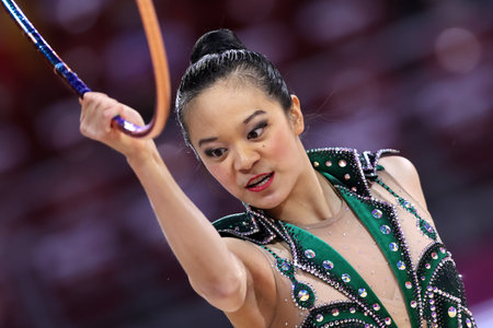 Sofia, Bulgaria - 27 March, 2021: Laura Zeng of USA performs during the individual Hoop final at the 2021 Rhythmic Gymnastics "Sofia World Cup".のeditorial素材