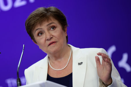 Sofia, Bulgaria - 8 July, 2021: Managing Director of the International Monetary Fund (IMF) Kristalina Georgieva speaks to the media at a press conference during the sixth Three Seas Summit and Business Forum.のeditorial素材