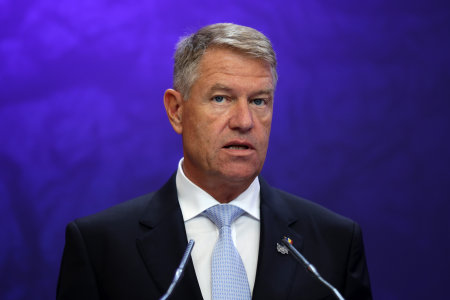 Sofia, Bulgaria - 9 July, 2021: President of Romania Klaus Iohannis attends at a press conference during the sixth Three Seas Summit and Business Forum.のeditorial素材