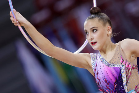 Sofia, Bulgaria - 27 March, 2021: Sabina Tashkenbaeva of Uzbekistan performs during the individual Hoop final at the 2021 Rhythmic Gymnastics "Sofia World Cup".のeditorial素材