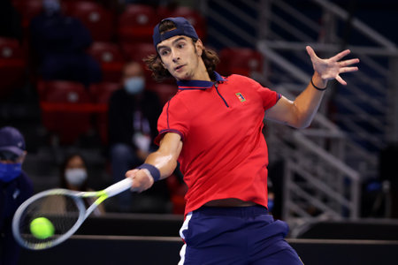Sofia, Bulgaria - 28 September, 2021: Italy's Lorenzo Musetti in action against Bulgaria's Dimitar Kuzmanov during the ATP 250 Sofia Open.のeditorial素材