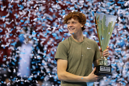 Sofia, Bulgaria - 14 November, 2020: Italy's Jannik Sinner holds the winner's trophy after winning his final match against Canada's Vasek Pospisil during the Sofia Open ATP 250 tennis tournament.のeditorial素材