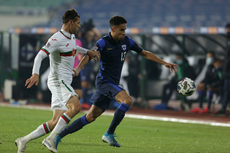 Sofia, Bulgaria - 15 November, 2020: Bulgaria's Strahil Popov (L) in action with Finland's Pyry Soiri (R) during the UEFA Nations League group stage, League B, Group 4 match between Bulgaria and Finland.のeditorial素材