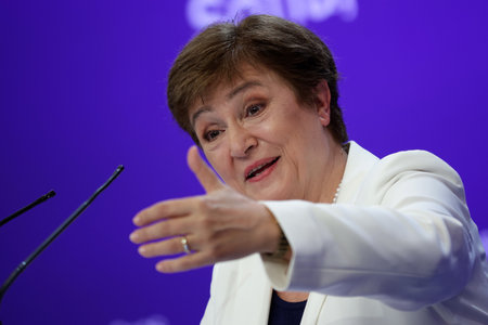 Sofia, Bulgaria - 8 July, 2021: Managing Director of the International Monetary Fund (IMF) Kristalina Georgieva speaks to the media at a press conference during the sixth Three Seas Summit and Business Forum.のeditorial素材