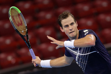 Sofia, Bulgaria - 10 November, 2020: Canada's Vasek Pospisil in action against Germany's Jan-Lennard Struff during the ATP 250 Sofia Open.のeditorial素材