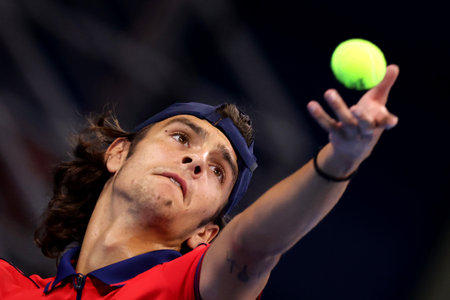 Sofia, Bulgaria - 28 September, 2021: Italy's Lorenzo Musetti serves against Bulgaria's Dimitar Kuzmanov during the ATP 250 Sofia Open.のeditorial素材