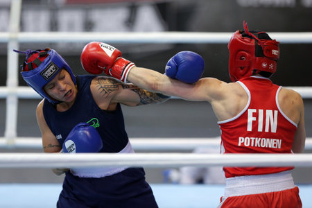 Sofia, Bulgaria. 27th February, 2021. Mira Potkonen (red) of Finland and 
Beatriz Ferreira of Brazil fight in their final round of Light Welter (W60kg) category of the 72-nd International Boxing Tournament "Strandja" 2021.のeditorial素材