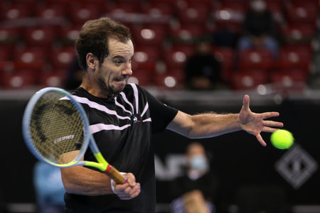 Sofia, Bulgaria - 10 November, 2020: France's Richard Gasquet in action against Spain's Roberto Carballes Baena during the ATP 250 Sofia Open qualifications.のeditorial素材