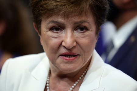 Sofia, Bulgaria - 8 July, 2021: Managing Director of the International Monetary Fund (IMF) Kristalina Georgieva speaks to the media at a press conference during the sixth Three Seas Summit and Business Forum.のeditorial素材