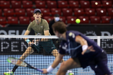 Sofia, Bulgaria - 14 November, 2020: Italy's Jannik Sinner (L) in action during his final match against Canada's Vasek Pospisil during the Sofia Open ATP 250 tennis tournament.のeditorial素材