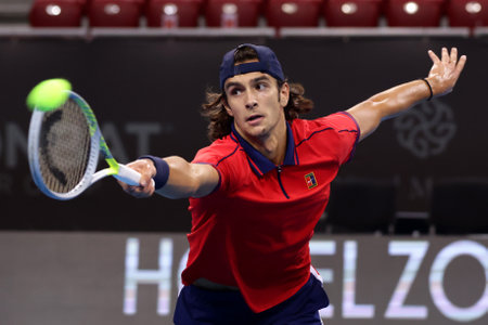 Sofia, Bulgaria - 28 September, 2021: Italy's Lorenzo Musetti in action against Bulgaria's Dimitar Kuzmanov during the ATP 250 Sofia Open.のeditorial素材