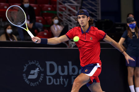 Sofia, Bulgaria - 28 September, 2021: Italy's Lorenzo Musetti in action against Bulgaria's Dimitar Kuzmanov during the ATP 250 Sofia Open.のeditorial素材