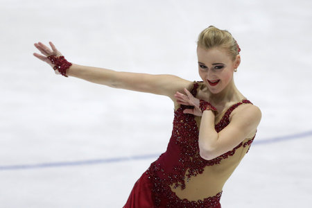 Sofia, Bulgaria - 28 February, 2021: Antonina Dubinina of Serbia performs during the senior ladies free skating category of Sofia Trophy International Figure Skating Competition.のeditorial素材