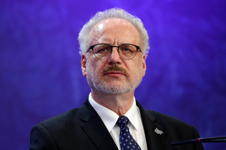 Sofia, Bulgaria - 9 July, 2021: President of the Republic of Latvia Egils Levits attends at a press conference during the sixth Three Seas Summit and Business Forum.のeditorial素材