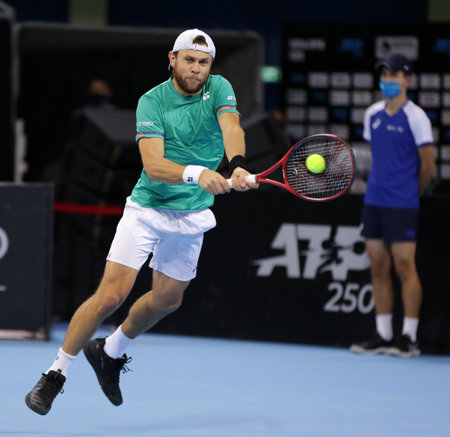 Sofia, Bulgaria - 10 November, 2020: Moldova's Radu Albot in action against Canada's Denis Shapovalov during the ATP 250 Sofia Open.のeditorial素材