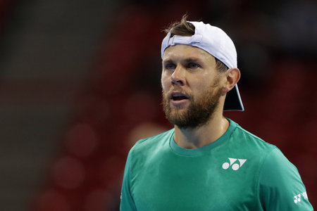 Sofia, Bulgaria - 12 November, 2020: Moldova's Radu Albot reacts during his quarter-final match against France's Adrian Mannarino during the Sofia Open ATP 250 tennis tournament.のeditorial素材