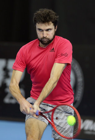 Sofia, Bulgaria - 10 November, 2020: France's Gilles Simon in action against Slovakia's Andrej Martin during the ATP 250 Sofia Open qualifications.のeditorial素材