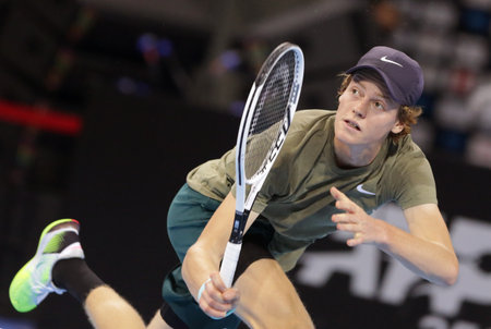 Sofia, Bulgaria - 10 November, 2020: Italy's Jannik Sinner in action against Hungary's Marton Fucsovics during the ATP 250 Sofia Open qualifications.のeditorial素材