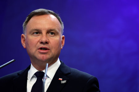 Sofia, Bulgaria - 9 July, 2021: President of the Republic of Poland Andrzej Duda attends at a press conference during the sixth Three Seas Summit and Business Forum.のeditorial素材