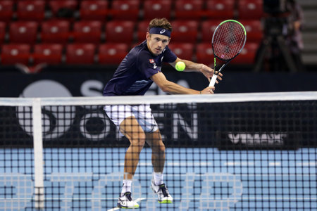 Sofia, Bulgaria - 12 November, 2020: Australia's Alex de Minaur in action during his quarter-final match against Italy's Jannik Sinner during the Sofia Open ATP 250 tennis tournament.のeditorial素材