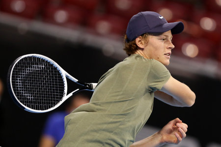 Sofia, Bulgaria - 12 November, 2020: Italy's Jannik Sinner in action during his quarter-final match against Australia's Alex de Minaur during the Sofia Open ATP 250 tennis tournament.のeditorial素材