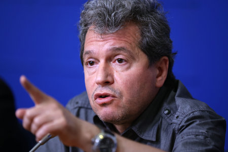 Sofia, Bulgaria - 16 July, 2021: Toshko Yordanov from There Is Such a People (ITN) party attends a press conference.のeditorial素材