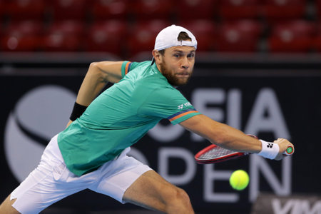 Sofia, Bulgaria - 10 November, 2020: Moldova's Radu Albot in action against Canada's Denis Shapovalov during the ATP 250 Sofia Open.のeditorial素材