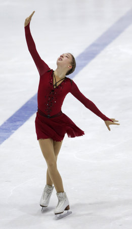 Sofia, Bulgaria - 28 February, 2021: Olga Mikutina of Austria performs during the senior ladies free skating category of Sofia Trophy International Figure Skating Competition.のeditorial素材
