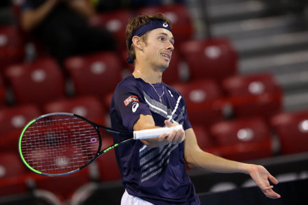 Sofia, Bulgaria - 12 November, 2020: Australia's Alex de Minaur reacts during his quarter-final match against Italy's Jannik Sinner during the Sofia Open ATP 250 tennis tournament.のeditorial素材