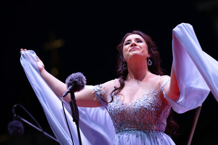 Sofia, Bulgaria - 31 August, 2021: Operatic soprano Sonya Yoncheva (pictured) performs during a joint concert with opera singer Placido Domingo in front of The St. Alexander Nevsky Cathedral.のeditorial素材