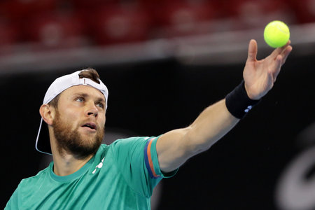 Sofia, Bulgaria - 12 November, 2020: Moldova's Radu Albot serves during his quarter-final match against France's Adrian Mannarino during the Sofia Open ATP 250 tennis tournament.のeditorial素材